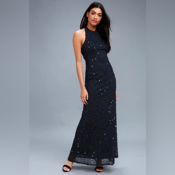 Lulus Cielo Navy Blue Sequin Halter Maxi Dress in Medium - Picture 2 of 10